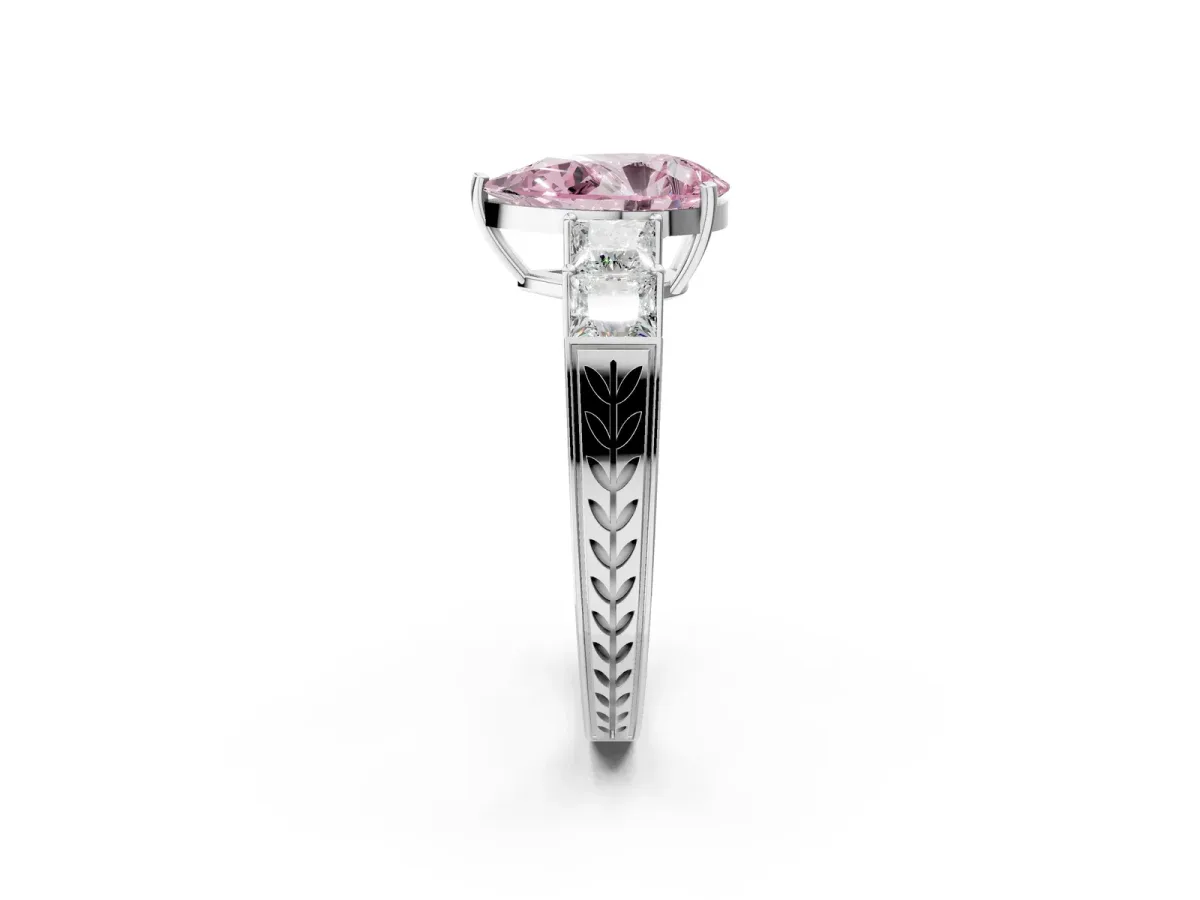 Fancy Pink Pear Cut Solitaire Princess Side Stone Engraved Band Prong Setting Ring White gold