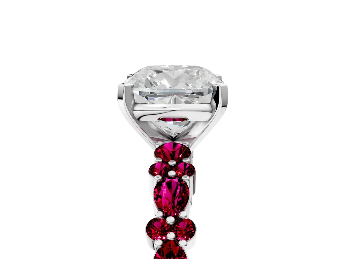 Cushion Cut Diamond Side Stone Solitaire Ring with Round Garnet and Four-Prong Setting Platinum