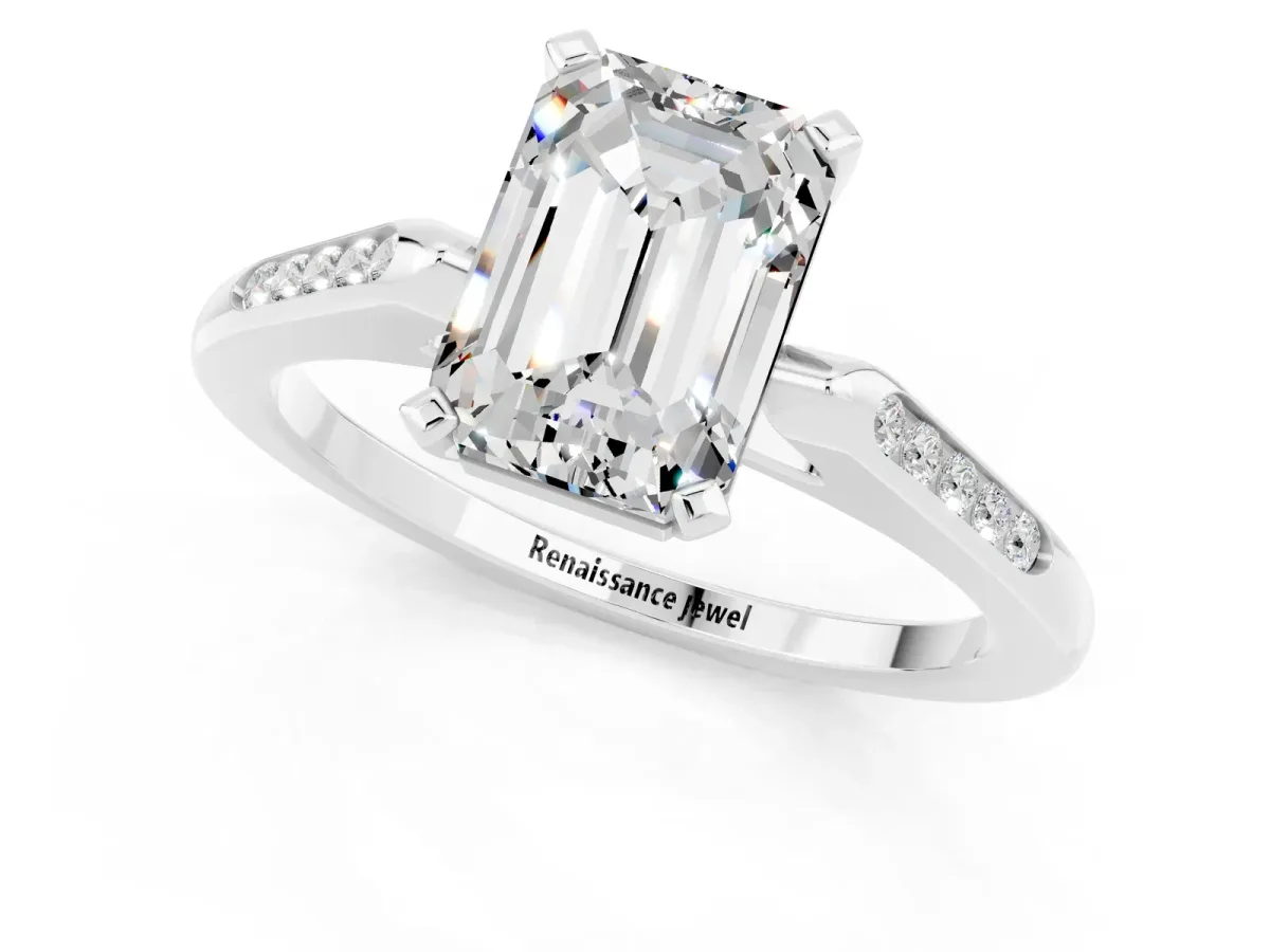 Emerald Cut Moissanite Solitaire Ring with Channel Set Round Band and Prong Setting Silver