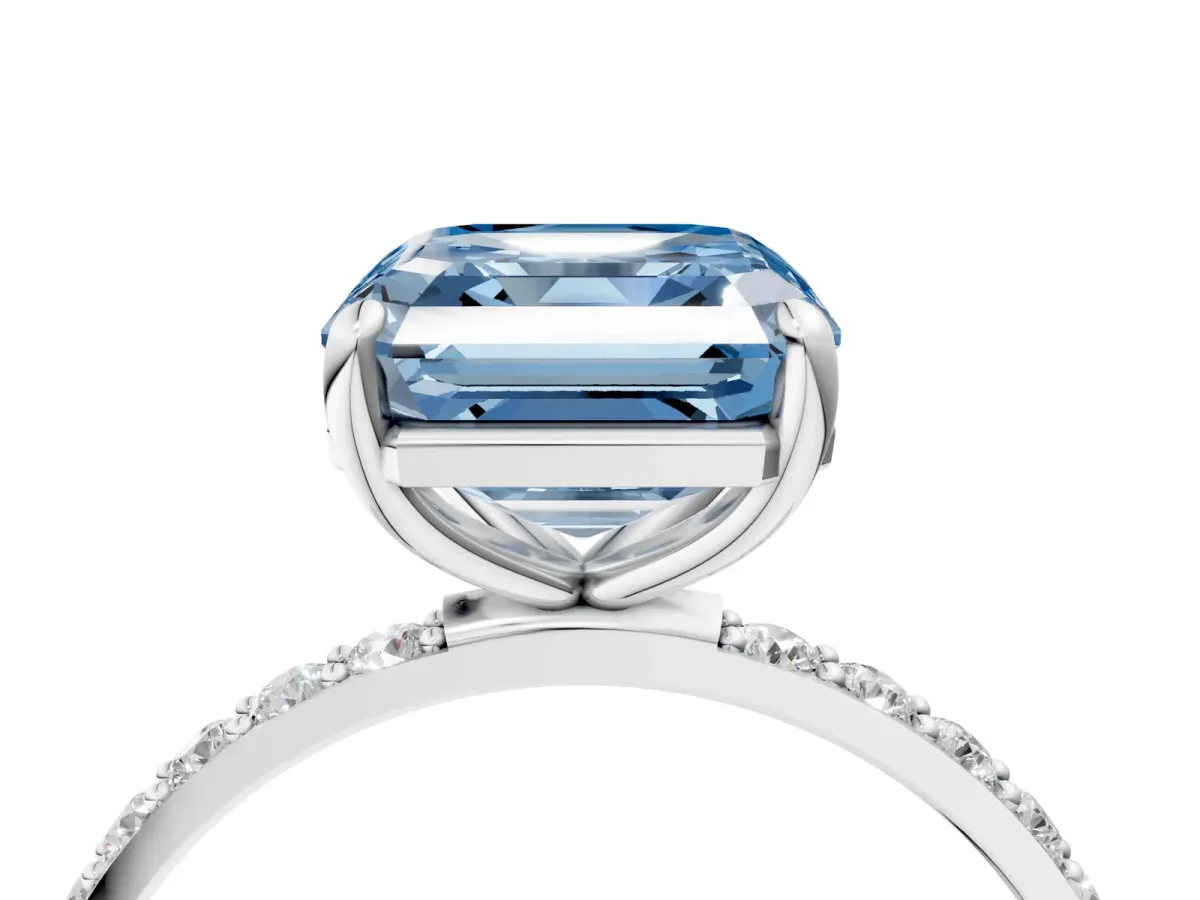 Fancy Blue Asscher Cut Diamond Solitaire Ring with Round Pavé Band and Prong Setting Platinum