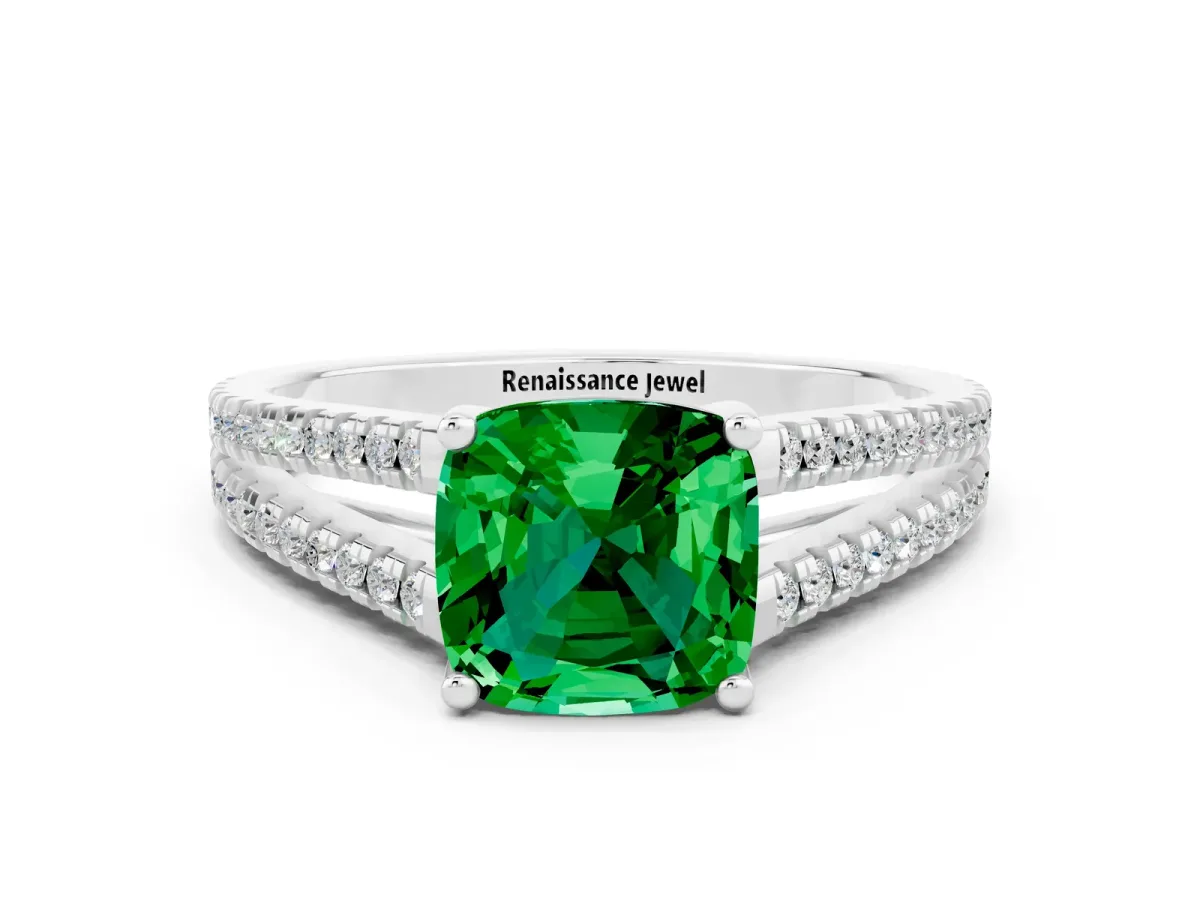 Cushion Cut Emerald Solitaire Engagement Ring with Split Shank Pavé Band Silver