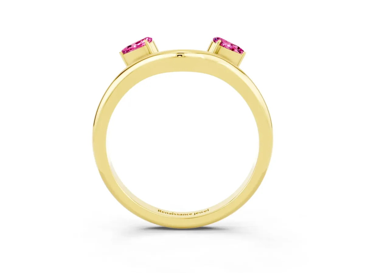 Pear Cut Pink Sapphire Two-Stone Open Band Ring with Prong Setting Yellow gold