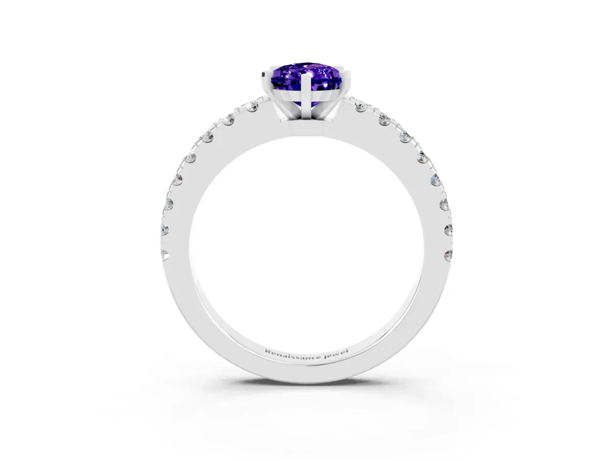 Pear Cut Solitaire Tanzanite with Pavé Band and Four-Prong Setting Silver