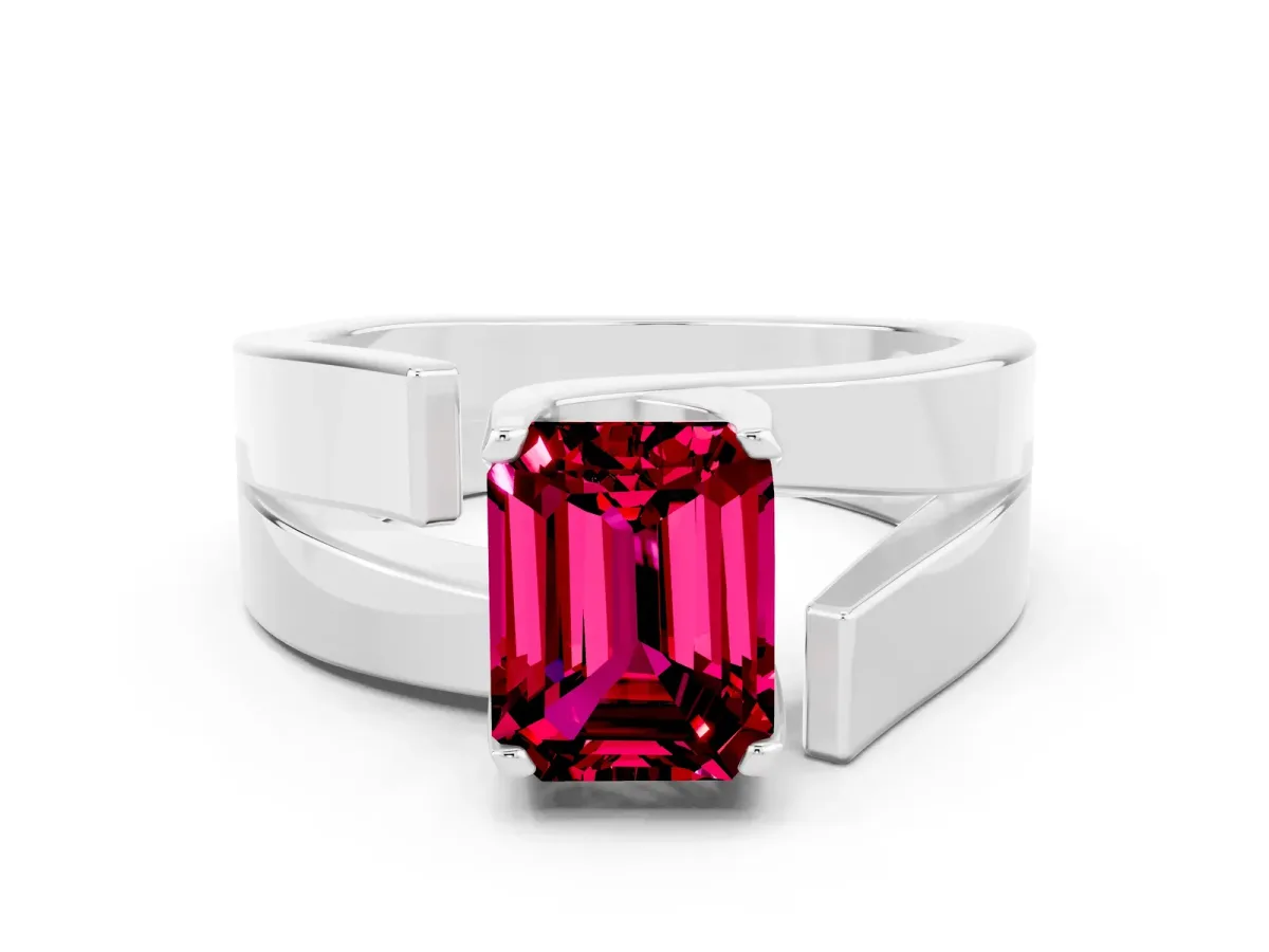 Modern Tension Set Emerald Cut Garnet Solitaire Wide Band Ring Platinum