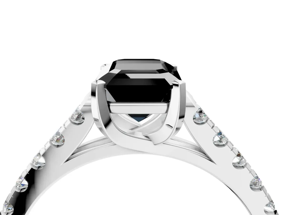 Fancy Black Emerald Cut Diamond Pavé Band Solitaire Ring with Prong Setting Platinum