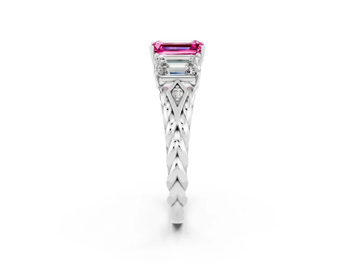 Three-Stone Emerald Cut Pink Sapphire Braided Band Ring with Four-Prong Setting Silver