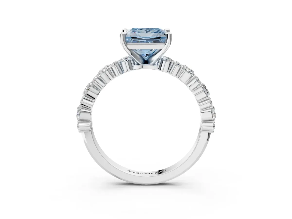 Fancy Blue Princess Cut Diamond Side Stone Solitaire Ring with Round and Four-Prong Setting Silver