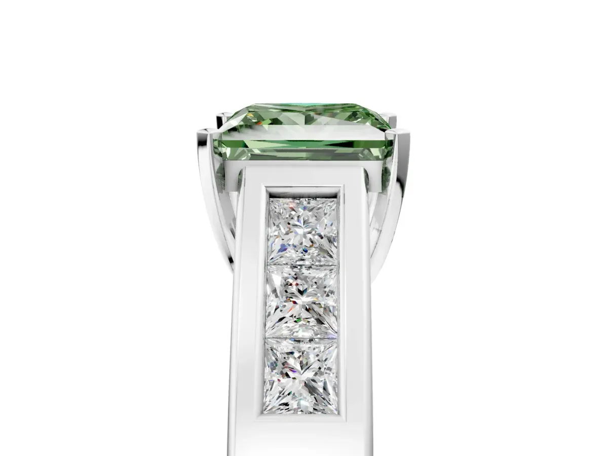 Fancy Green Princess Cut Cut Channel Set Solitaire Ring with Four-Prong Setting Silver