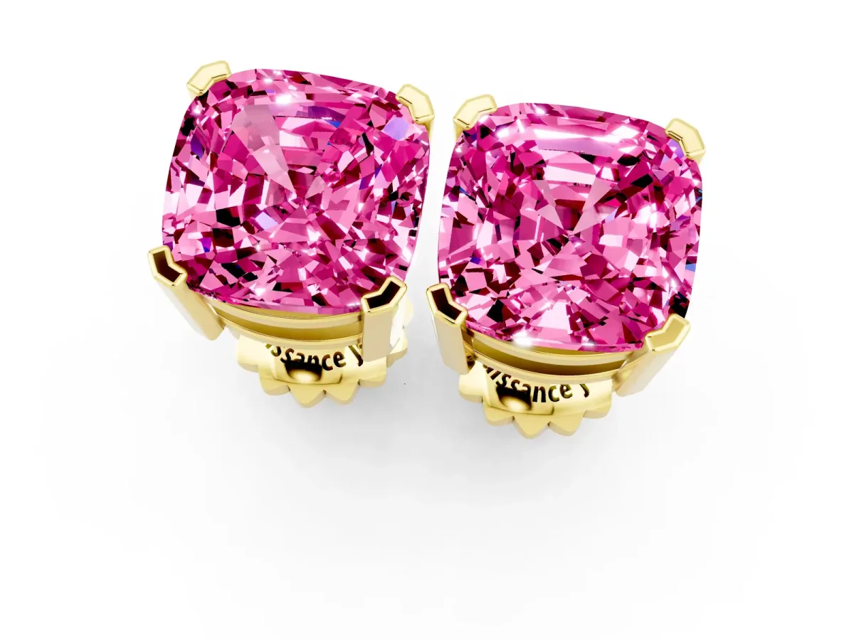 Cushion Cut Pink Sapphire Stud Earrings Yellow gold