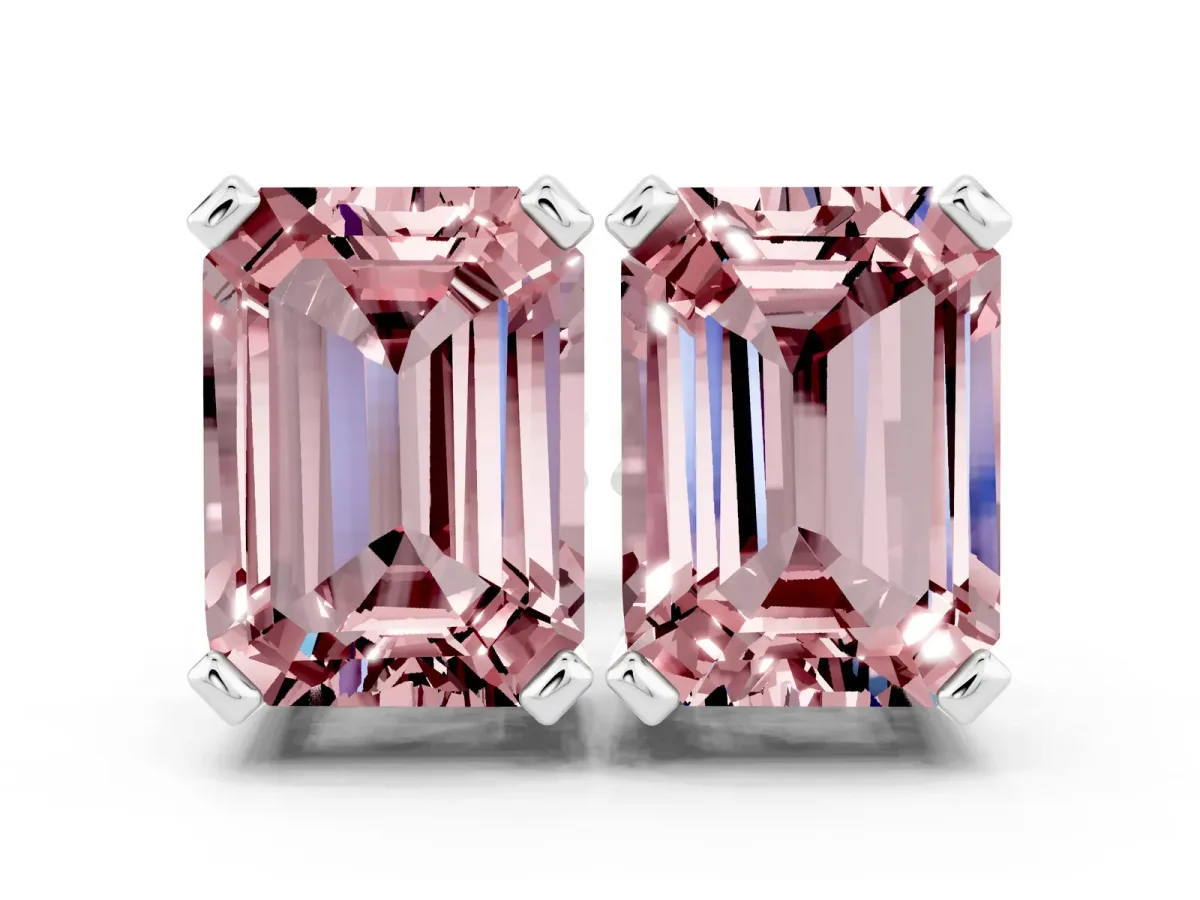 Emerald Cut Morganite Stud Earrings Silver