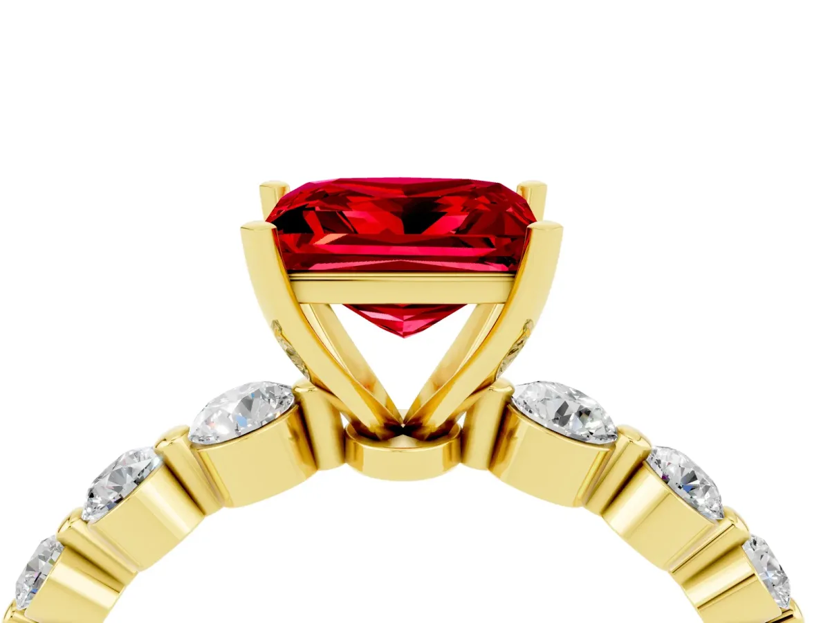 Princess Cut Solitaire Ruby Ring with Pave Band and Four-Prong Setting Yellow gold