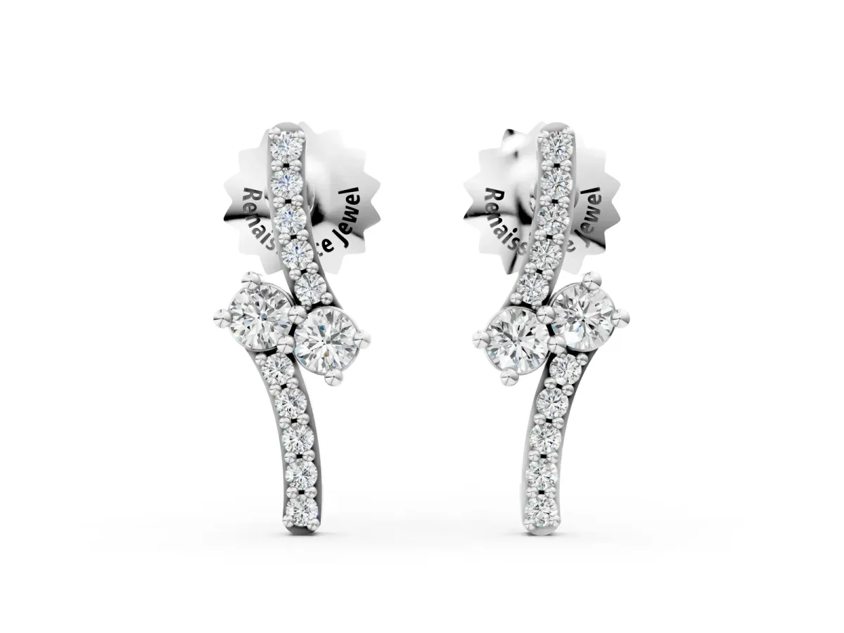 Round Diamond Two Stone Bypass Stud Earrings White gold