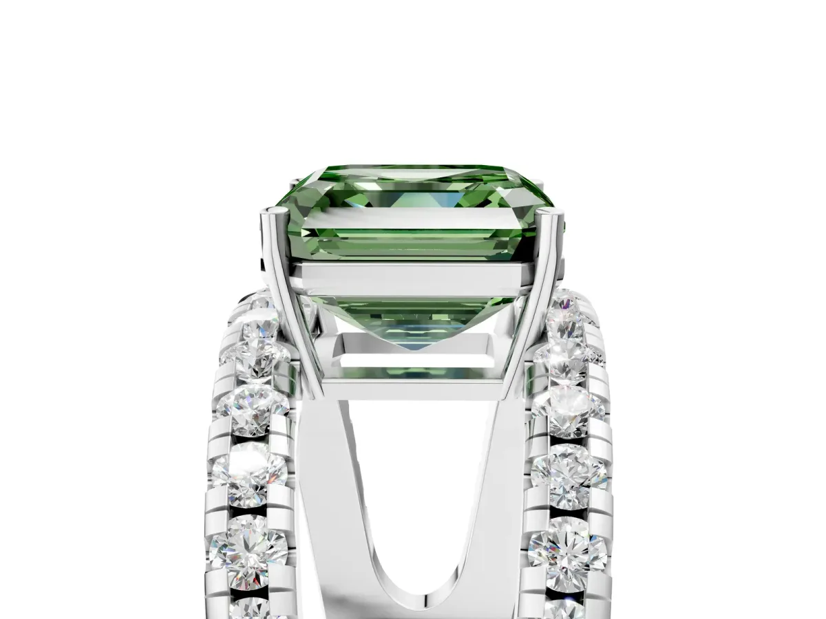 Fancy Green Asscher Cut Solitaire Split Shank Pave Diamond Ring Platinum