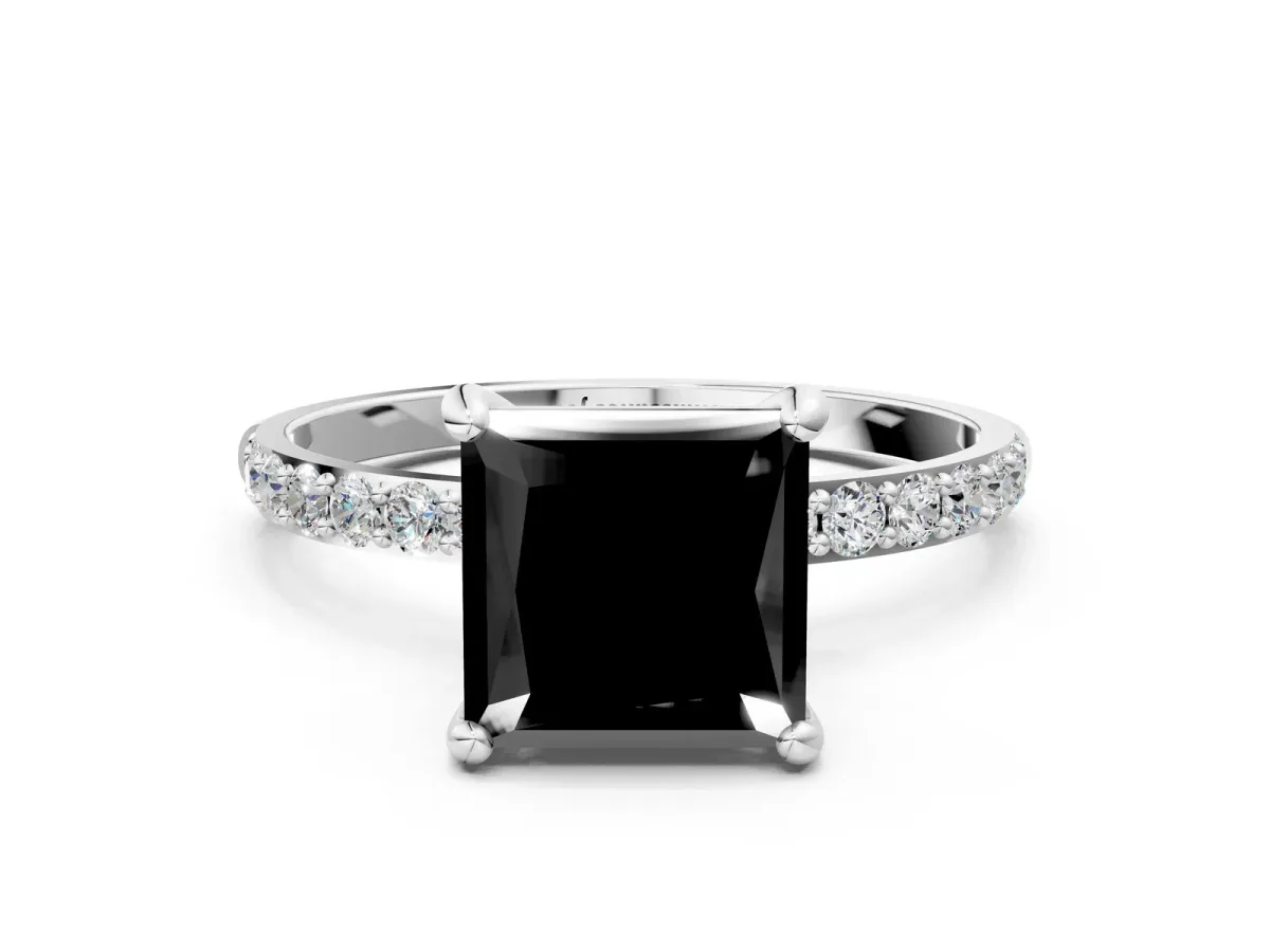 Fancy Black Princess Cut Diamond Solitaire Ring with Round Pavé Band and Prong Setting Silver