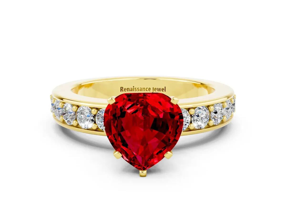 Heart Cut Ruby Engagement Ring with Channel Set Round Band and Prong Setting Yellow gold