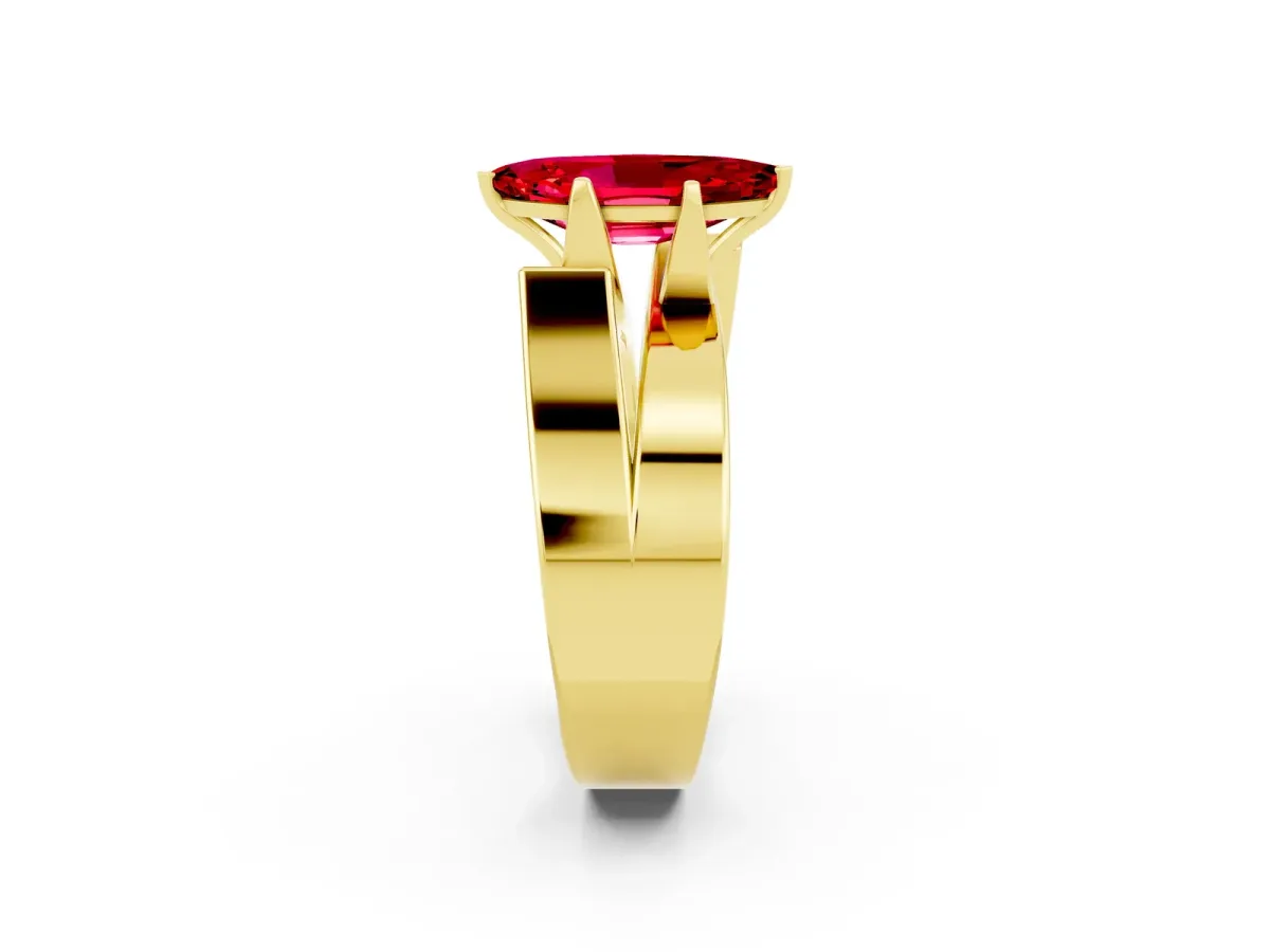 Modern Tension Set Marquise Cut Ruby Solitaire Wide Band Ring Yellow gold
