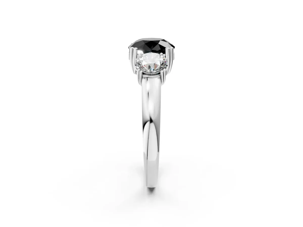 Fancy Black Three-Stone Round Cut Cut Diamond Ring with Channel Set Band and Four-Prong Setting Silver