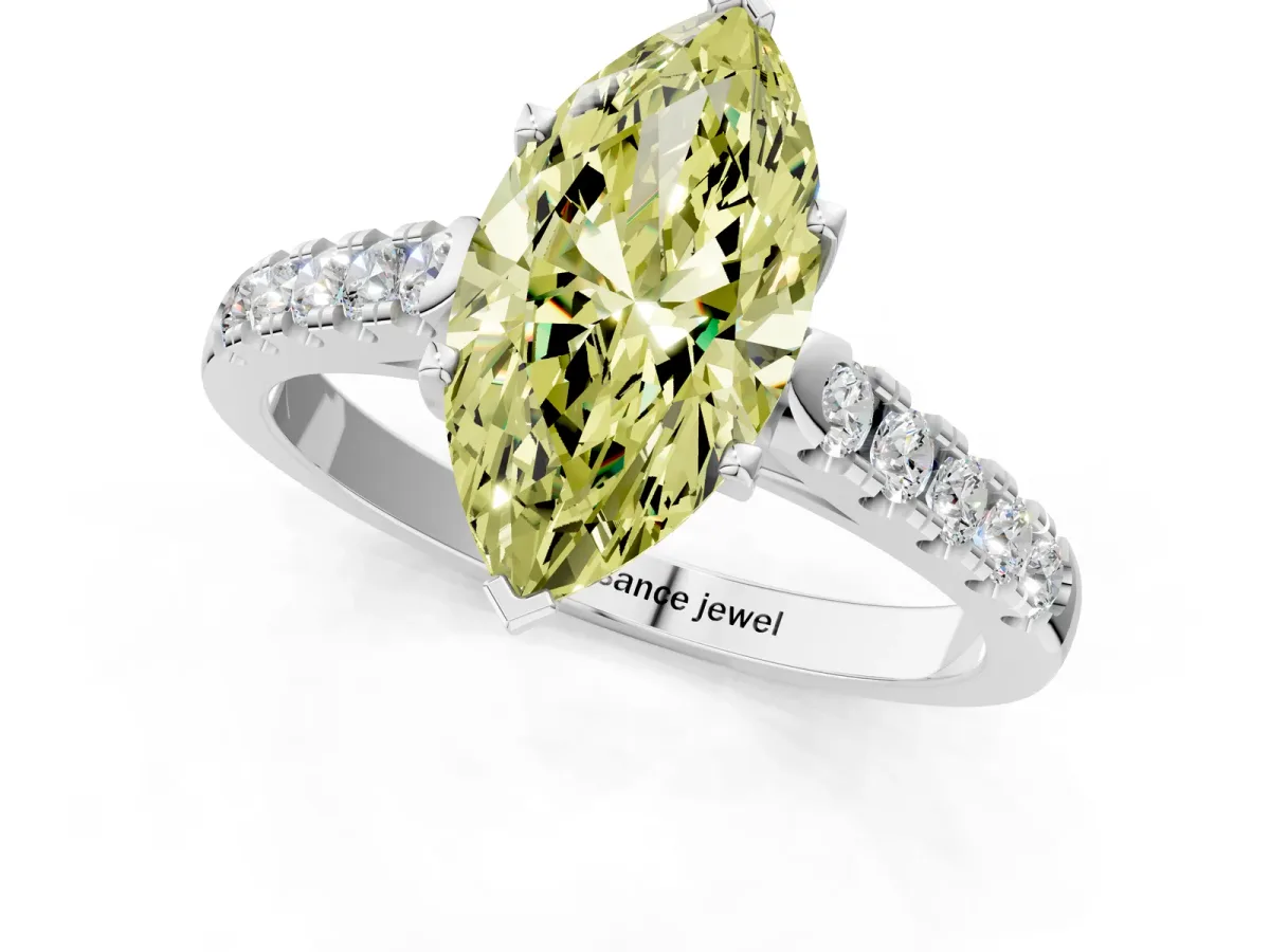 Fancy Yellow Marquise Cut Diamond Pavé Band Solitaire Ring with Prong Setting Silver