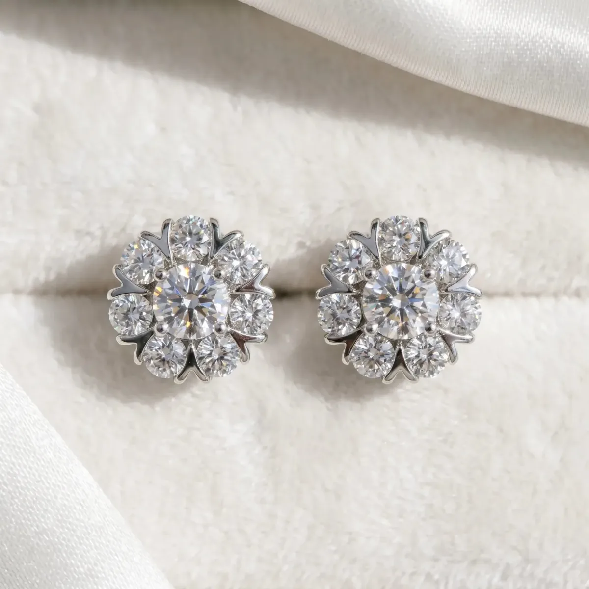 Round Cluster Diamond Stud Earrings with Prong Setting Silver