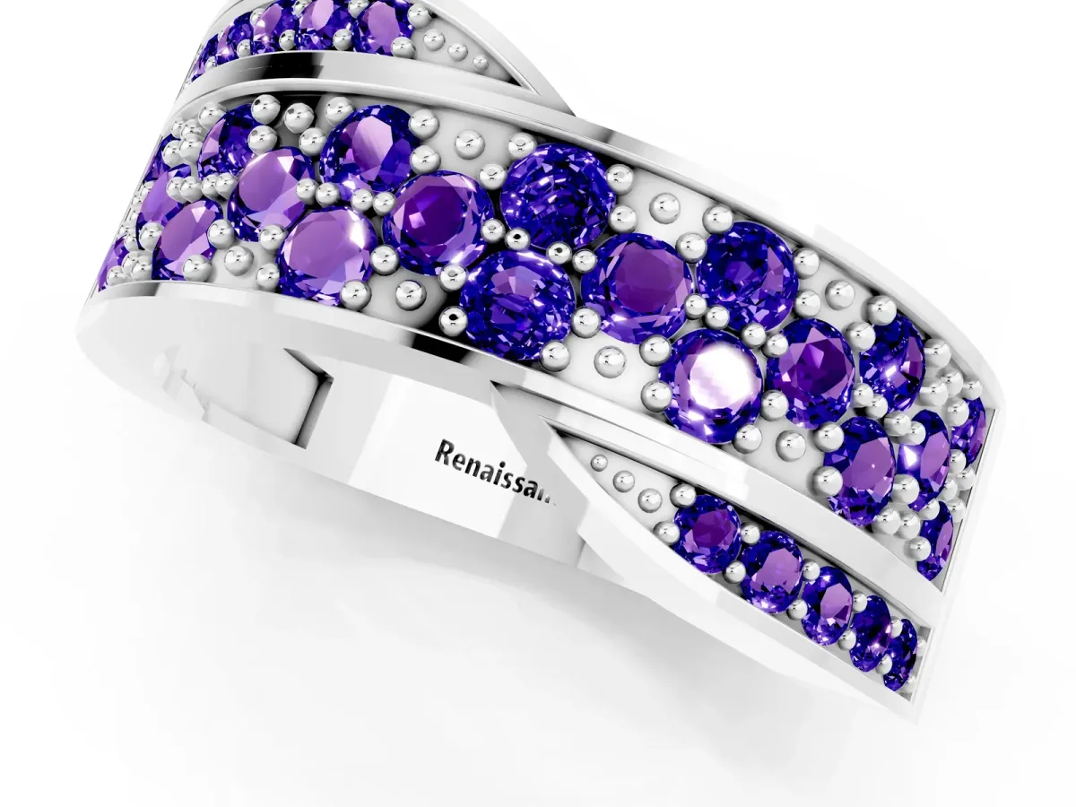 Pavé Round Tanzanite Crossover Band with Bead Prong Setting White gold