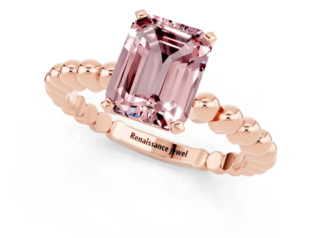 Emerald Cut Morganite Solitaire Ring with Beaded Band and Prong Setting Rose gold