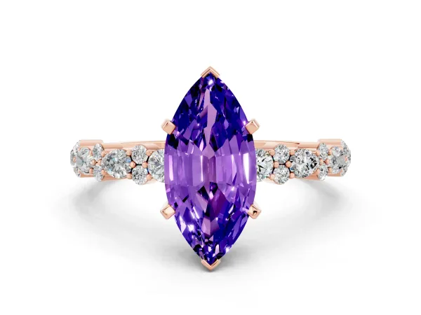 Marquise Cut Tanzanite Side Stone Solitaire Ring with Round and Four-Prong Setting Rose gold