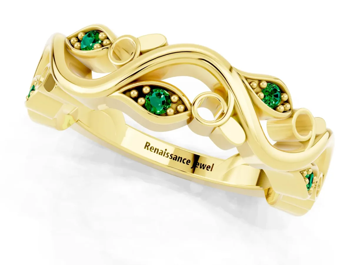 Marquise Emerald Vine Eternity Band with Bezel Setting Yellow gold