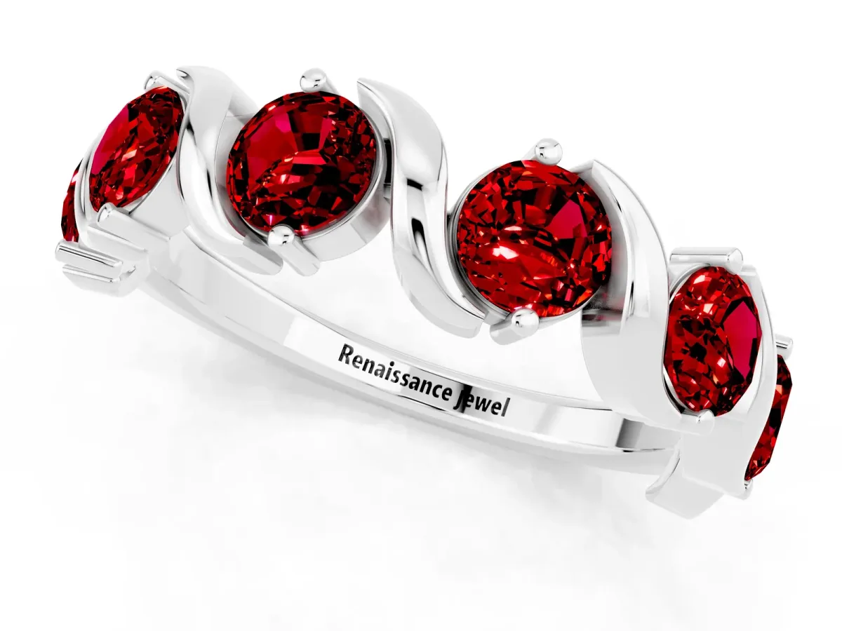 Round Ruby Half Eternity Band with Wave Prong Setting Silver