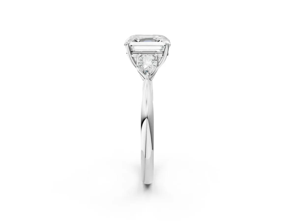 Three-Stone Asscher Cut Diamond Ring with Pear Side Stones in Four-Prong Setting Platinum