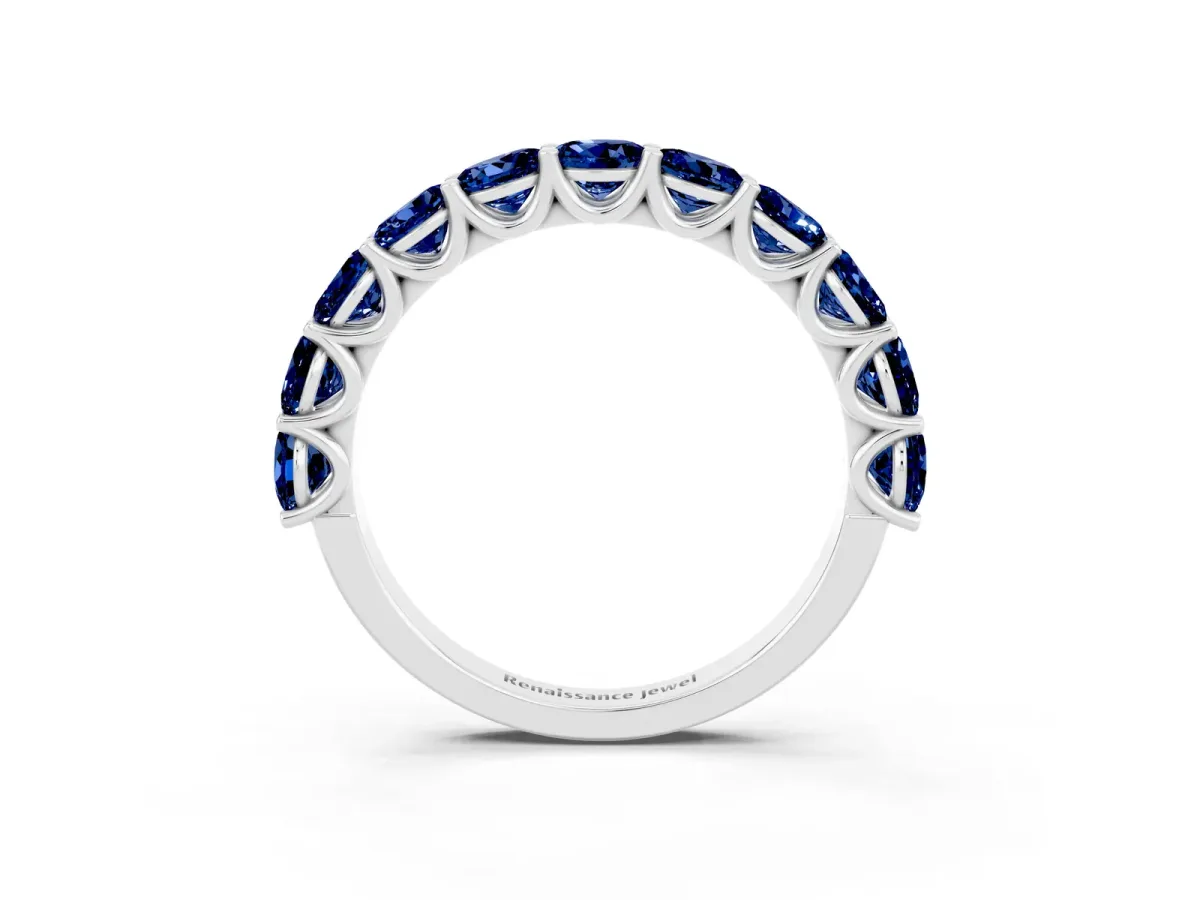 Round Blue Sapphire Shared Prong Eternity Band Silver