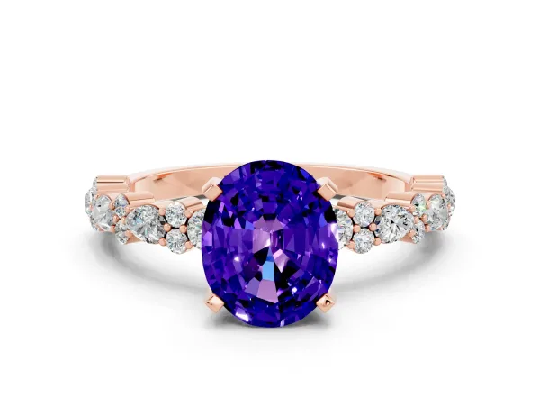 Oval Cut Tanzanite Side Stone Solitaire Ring with Round and Four-Prong Setting Rose gold