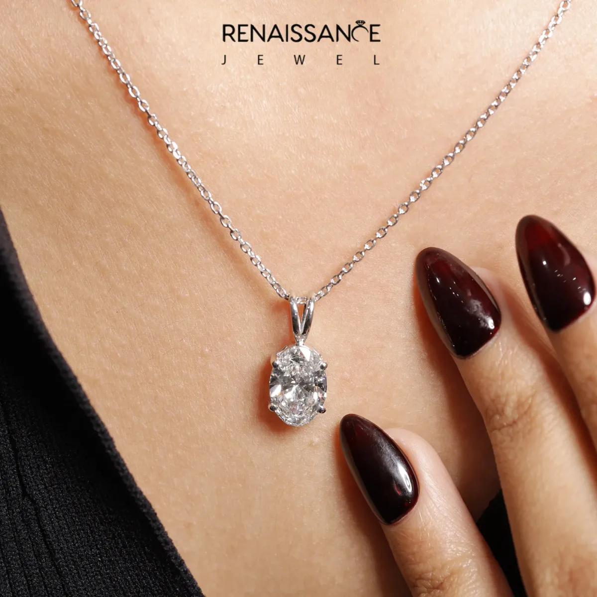 Oval Solitaire Diamond Prong Pendant White gold