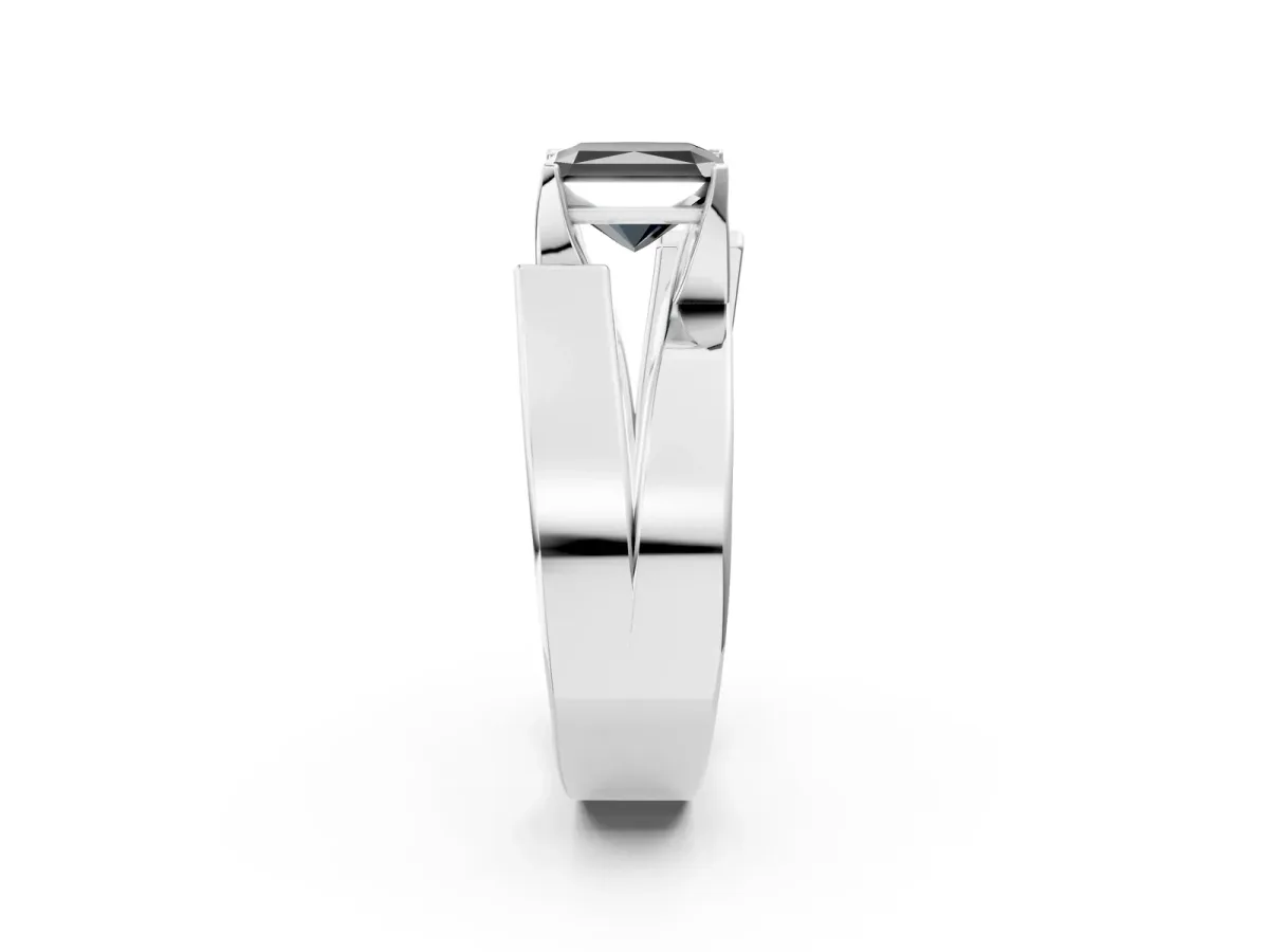 Fancy Black Modern Tension Set Radiant Cut Diamond Solitaire Wide Band Ring Silver