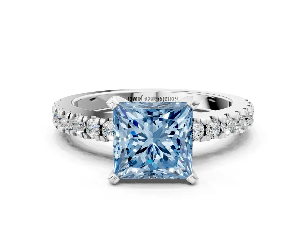 Fancy Blue Princess Cut Solitaire Diamond with Pavé Band and Four-Prong Setting Silver