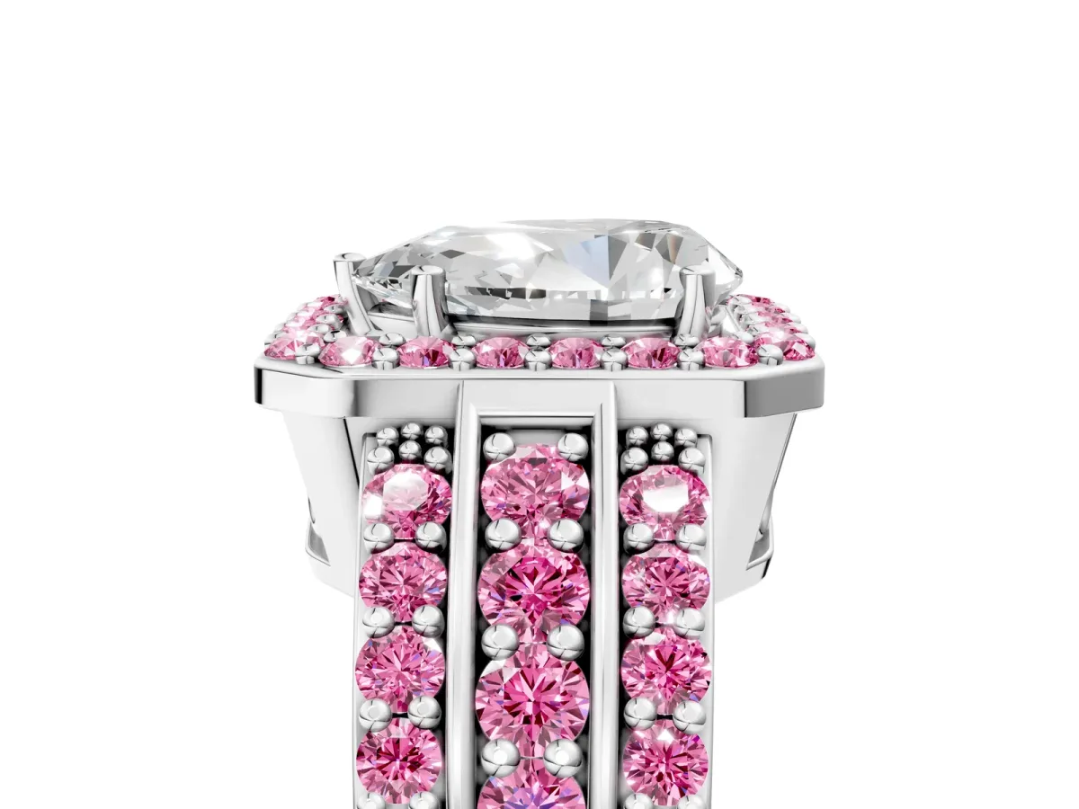 Pear Cut Halo Diamond Ring with Round Pink Sapphire Split Shank and Prong Setting Silver