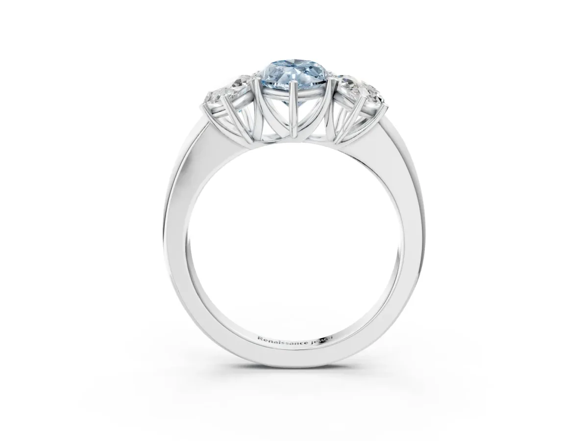 Fancy Blue Marquise Cut Diamond Three-Stone Ring with Four-Prong Setting and Classic Band Platinum