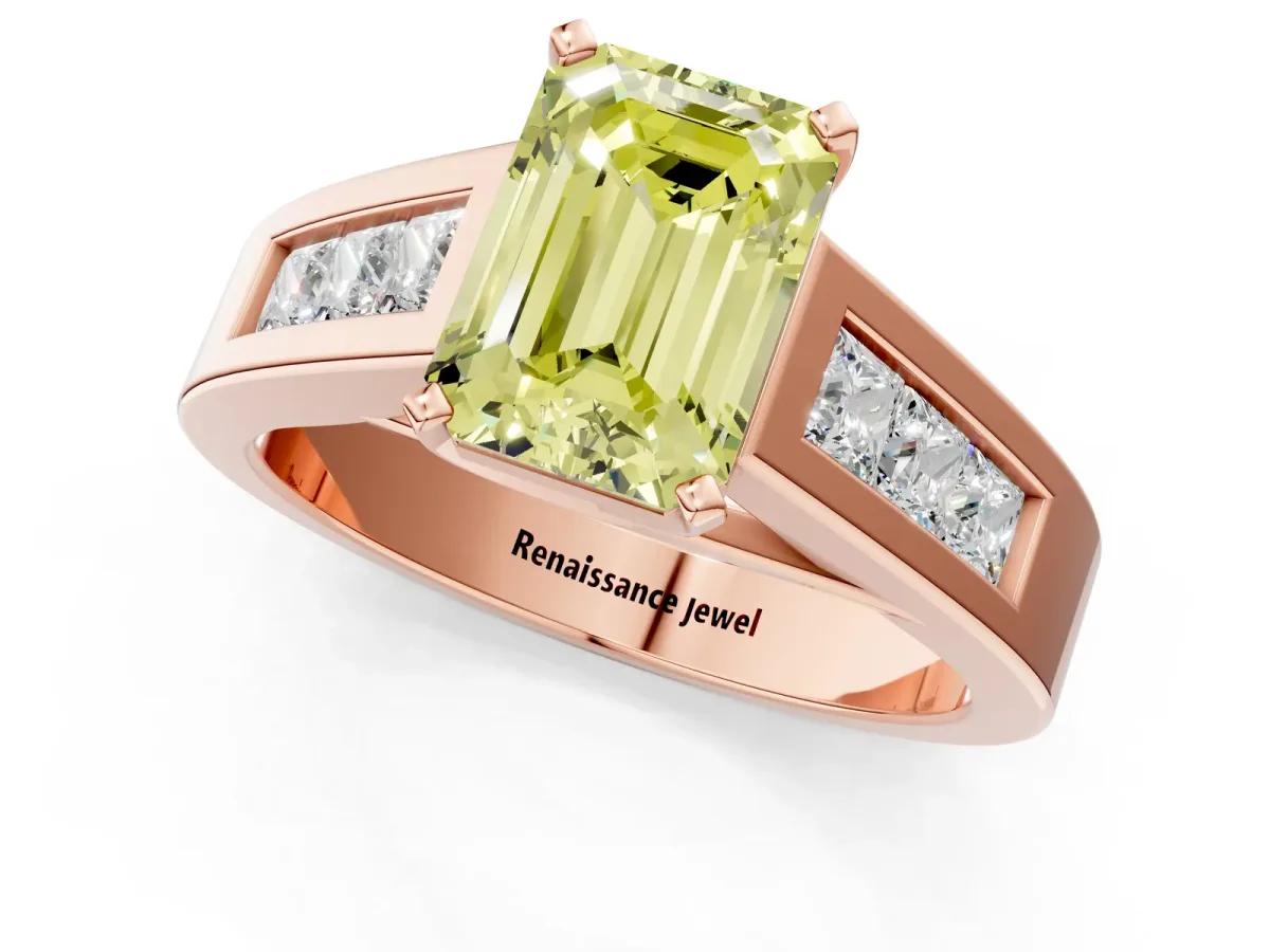 Fancy Yellow Emerald Cut Cut Channel Set Solitaire Ring with Four-Prong Setting Rose gold