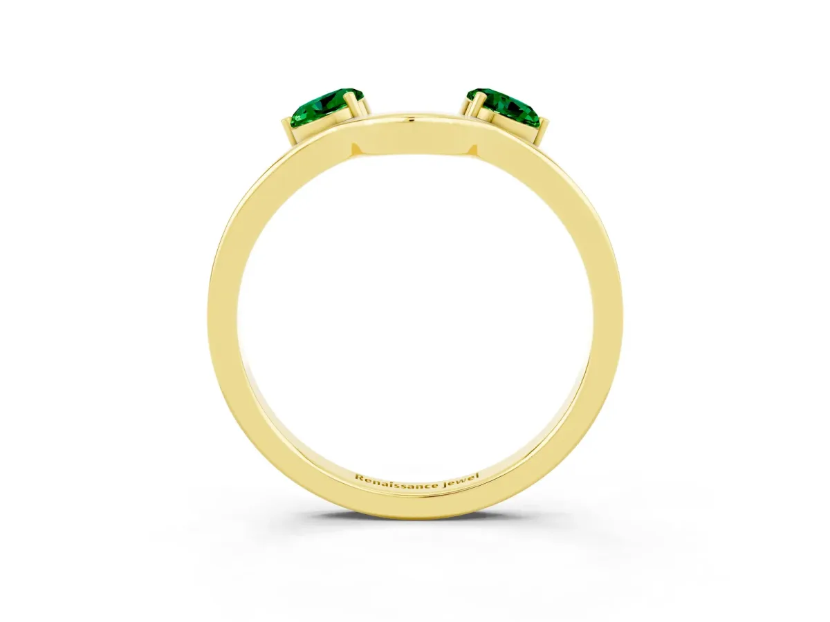 Dual Round Emerald Open Band Ring with Prong Setting Yellow gold