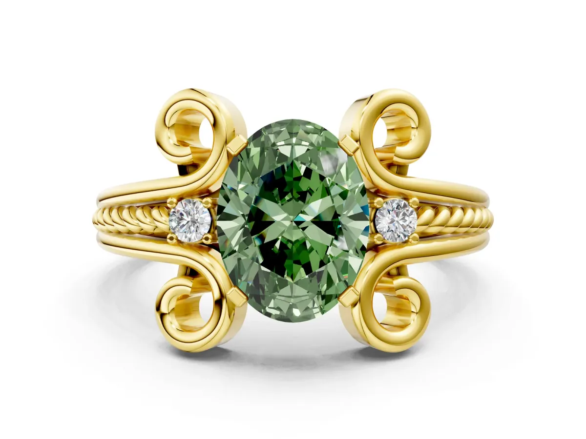 Fancy Green Oval Cut Solitaire Twisted Band Scroll Prong Ring Yellow gold