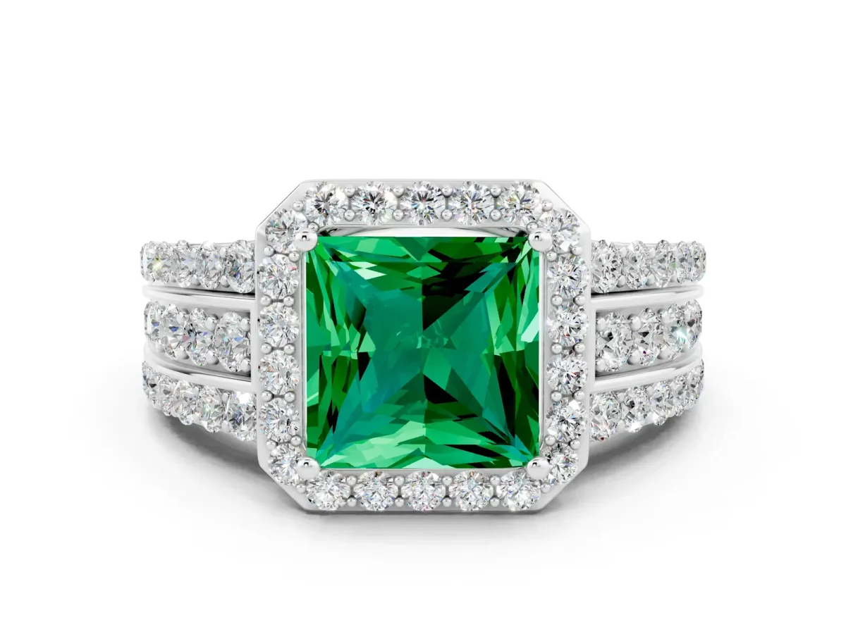 Princess Cut Halo Emerald Ring with Round Split Shank and Prong Setting Platinum