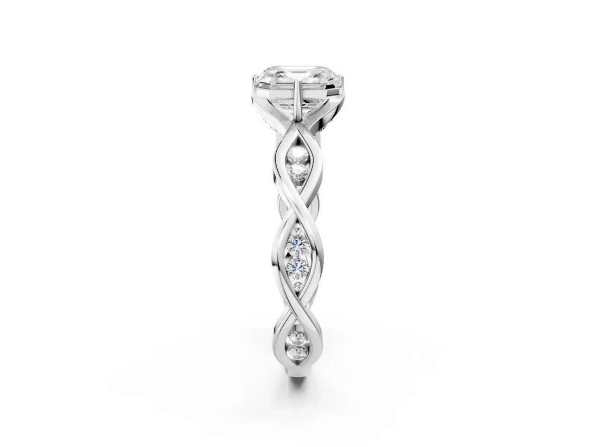 Asscher Cut Solitaire Twist Band with Leaf Prong Setting Platinum