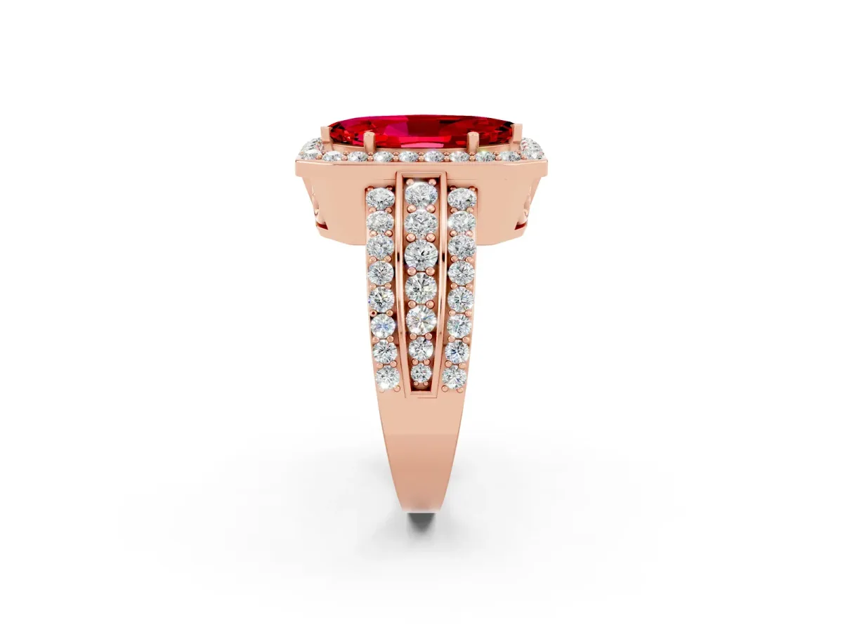 Marquise Cut Halo Ruby Ring with Round Split Shank and Prong Setting Rose gold