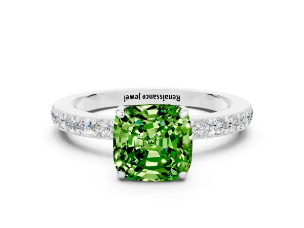 Cushion Cut Peridot Solitaire Engagement Ring with Pavé Band and Four-Prong Setting Platinum