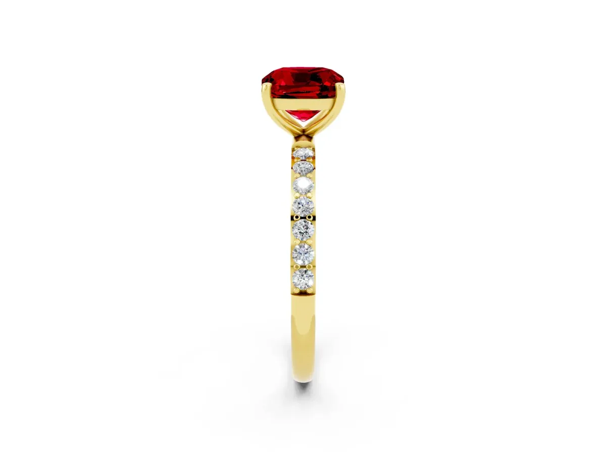 Cushion Cut Ruby Solitaire Ring with Round Pavé Band and Prong Setting Yellow gold