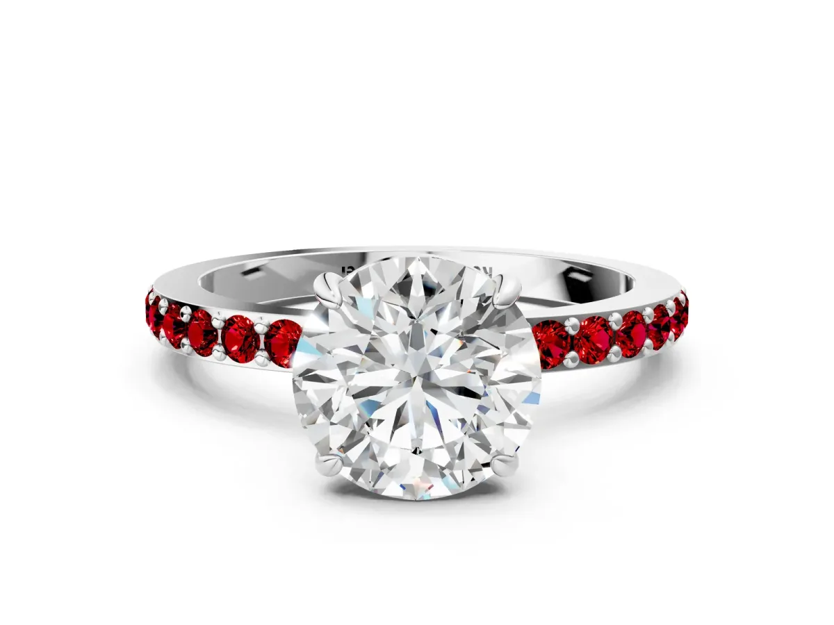 Round Cut Diamond Pavé Engagement Ring with Round Ruby Accents and Prong Setting Silver