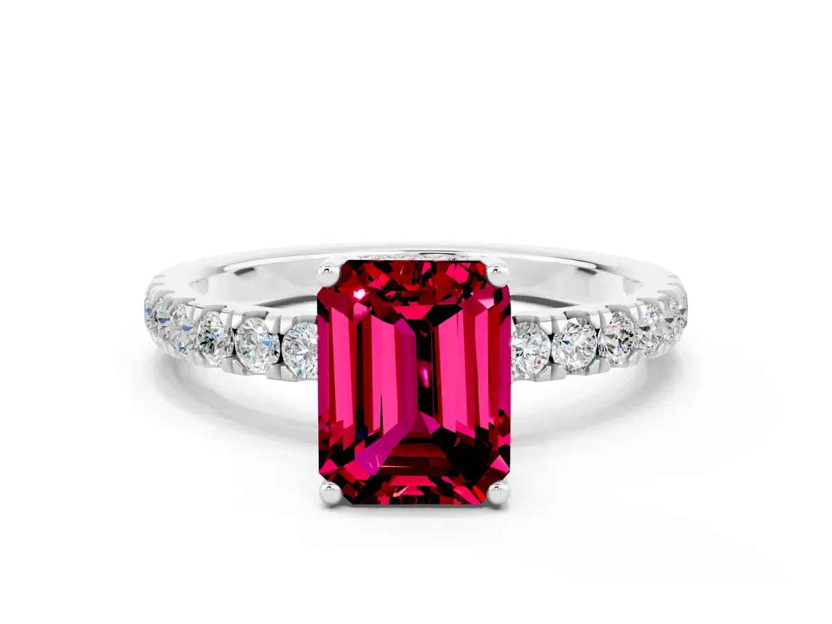 Emerald Cut Garnet Pave Band Solitaire Ring with Round and Prong Setting Platinum