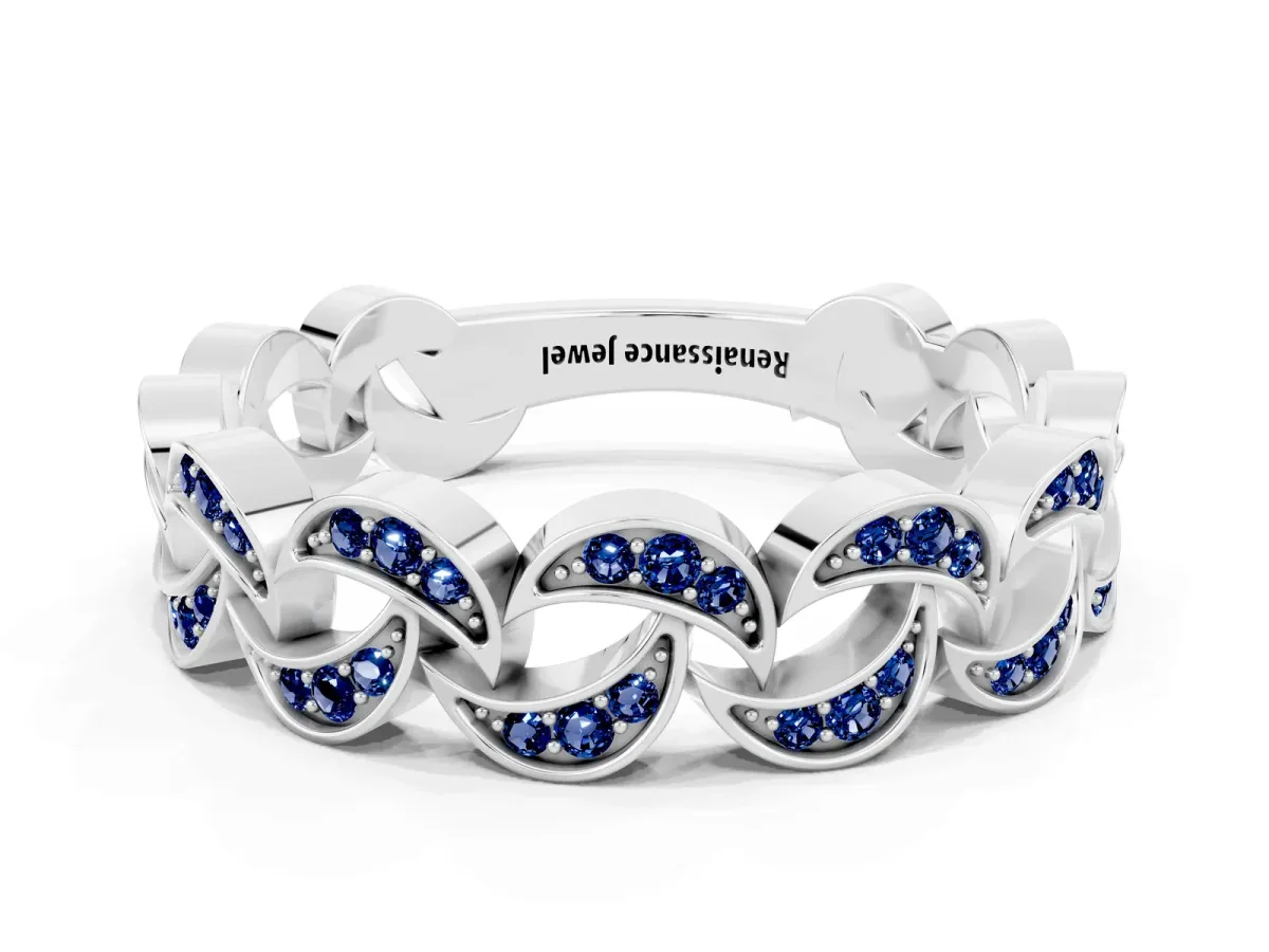 Pavé Round Blue Sapphire Interlocking Eternity Band with Bezel Prong Setting Silver