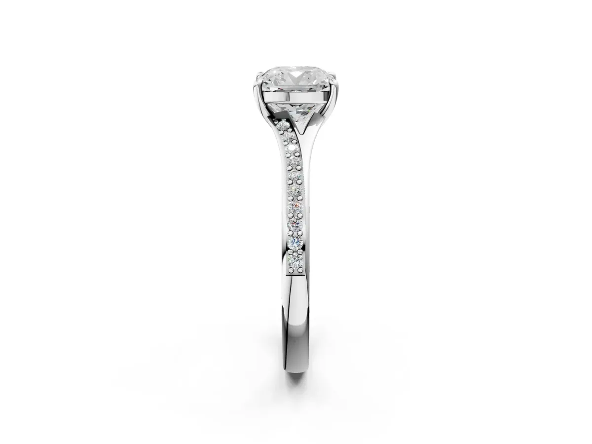 Cushion Cut Diamond Solitaire Ring with Pavé Band and Prong Setting Silver