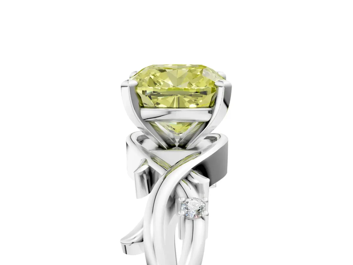 Fancy Yellow Cushion Cut Diamond Solitaire Ring with Twisted Band and Prong Setting Platinum
