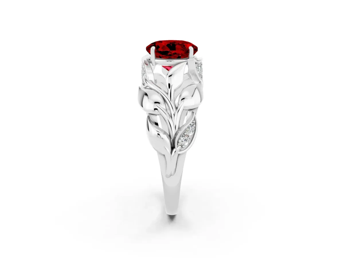 Round Cut Ruby Leaf-Inspired Engagement Ring with Round Accents and Prong Setting Silver